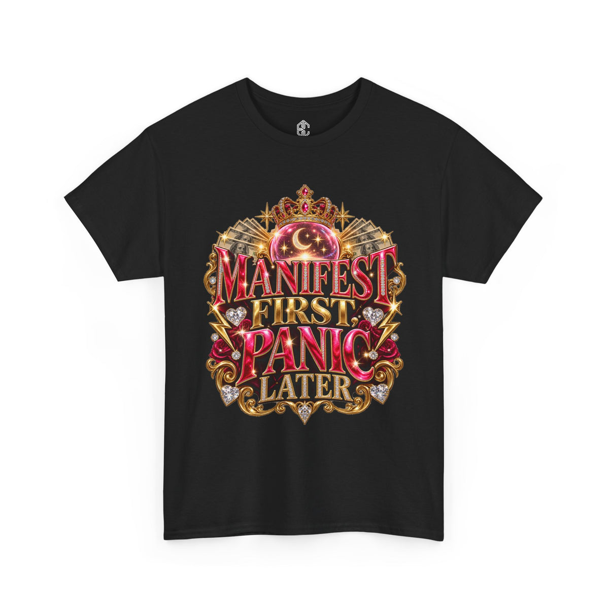 Black Manifest First, Panic Later heavyweight graphic tee with pink crystal ball, crown, cash and gold jewel artwork