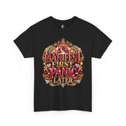 Black Manifest First, Panic Later heavyweight graphic tee with pink crystal ball, crown, cash and gold jewel artwork
