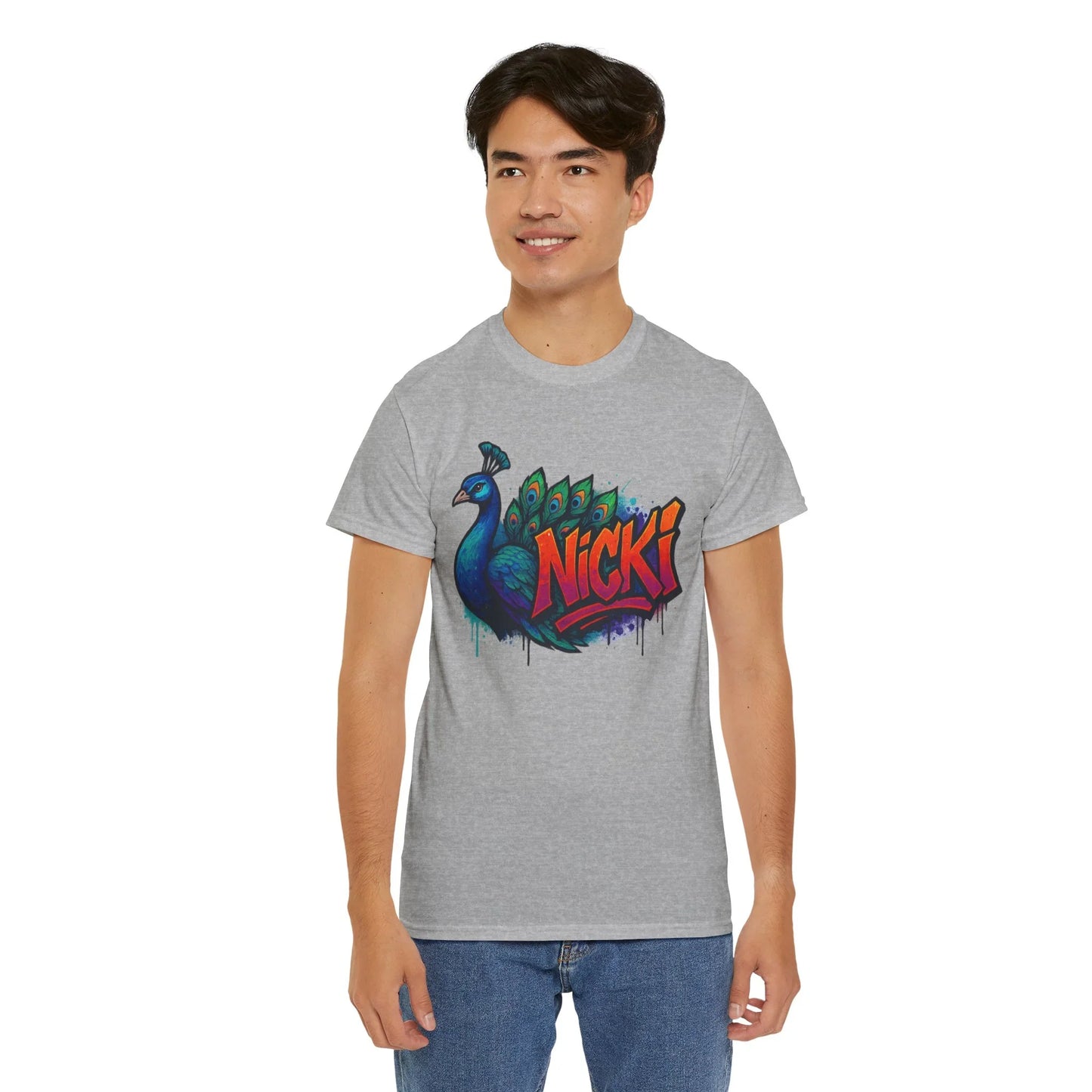 Man wearing grey t-shirt with colorful peacock and Nicki graffiti design