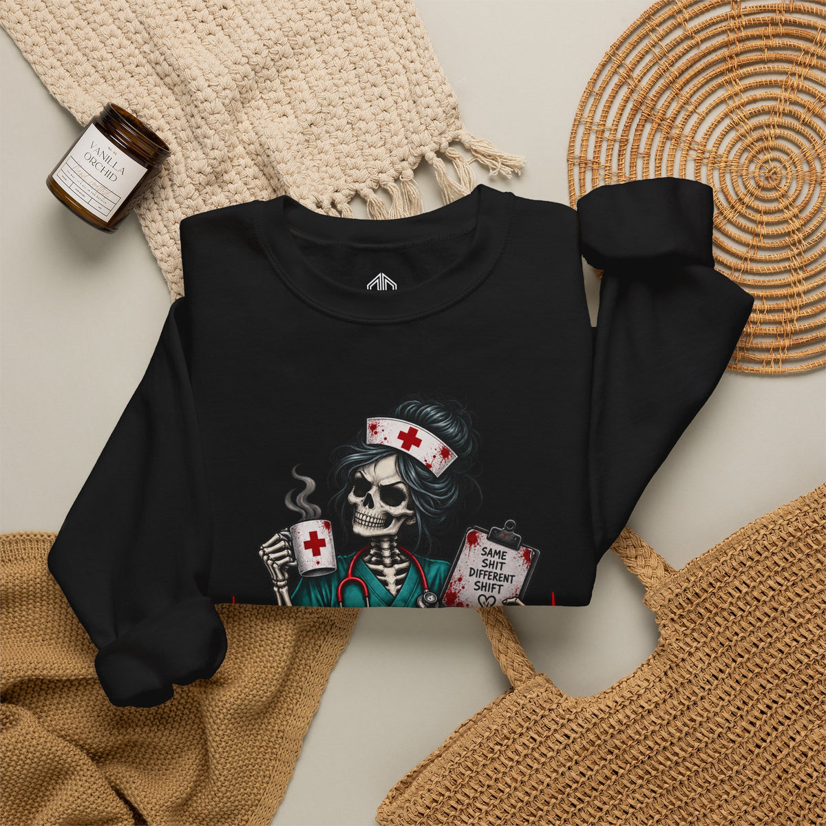 Black Vitals Fine Patience on Life Support nurse sweatshirt styled flat with accessories