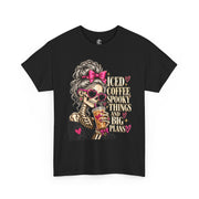 Black Iced Coffee & Big Plans graphic T-shirt with skeleton, pink bow, heart sunglasses and iced coffee artwork