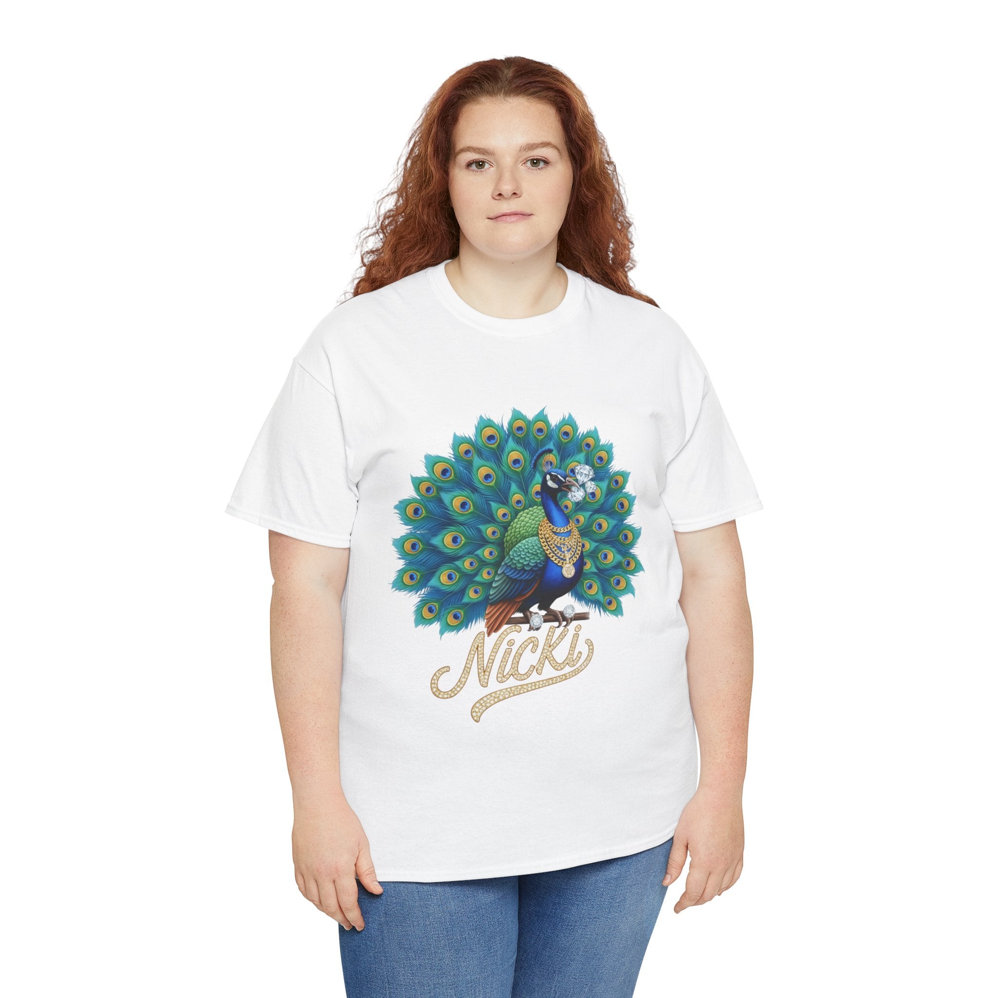 Peacock Pretty Pitbull Tee — Bold Peacock & ‘Nicki’ Graphic T-Shirt