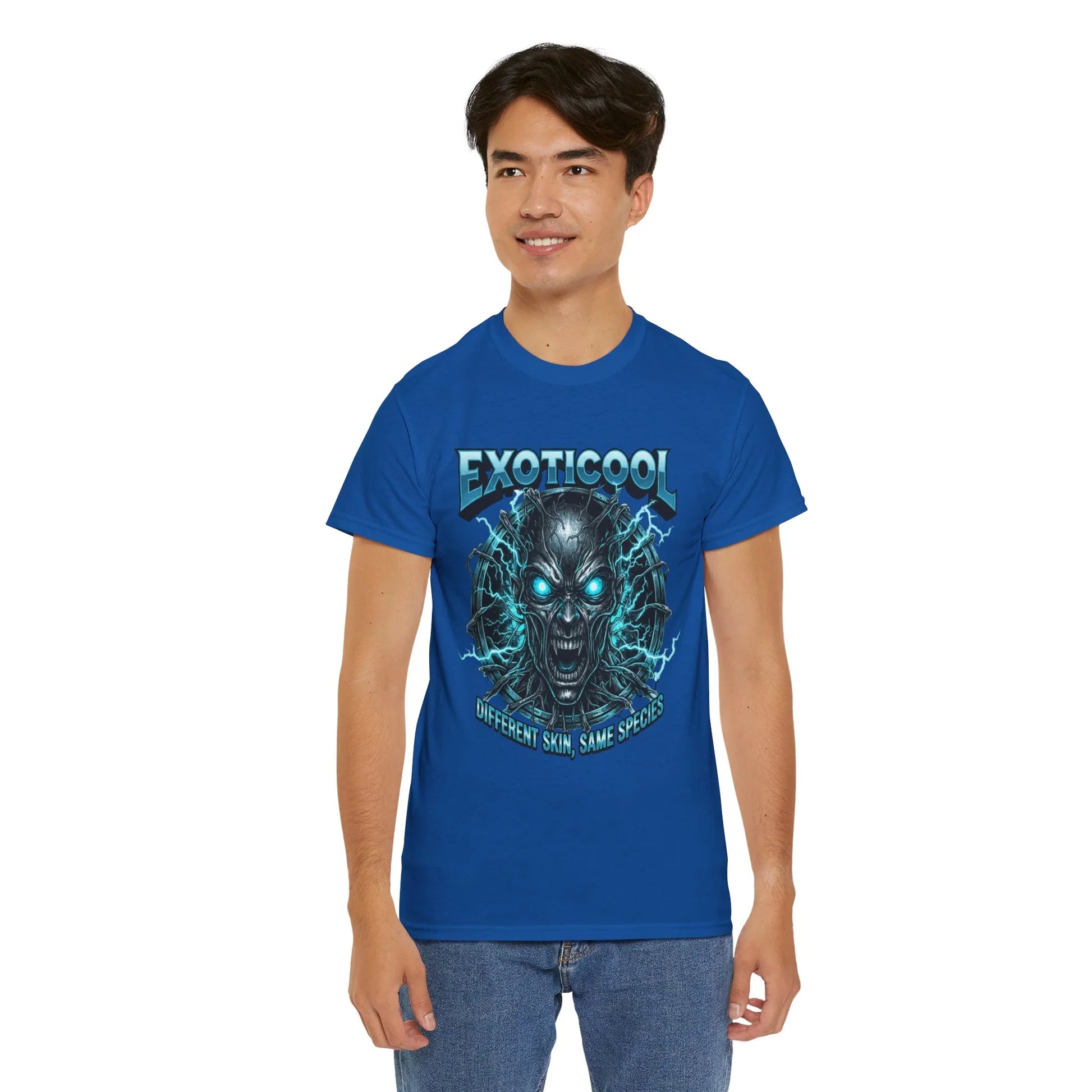 Man wearing blue Exoticoool graphic t-shirt with electric skull design and slogan