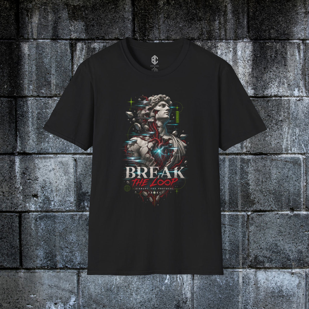 Black Break the Loop cyberpunk glitch graphic tee displayed against a dark concrete wall