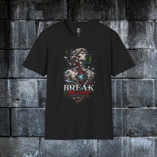 Black Break the Loop cyberpunk glitch graphic tee displayed against a dark concrete wall
