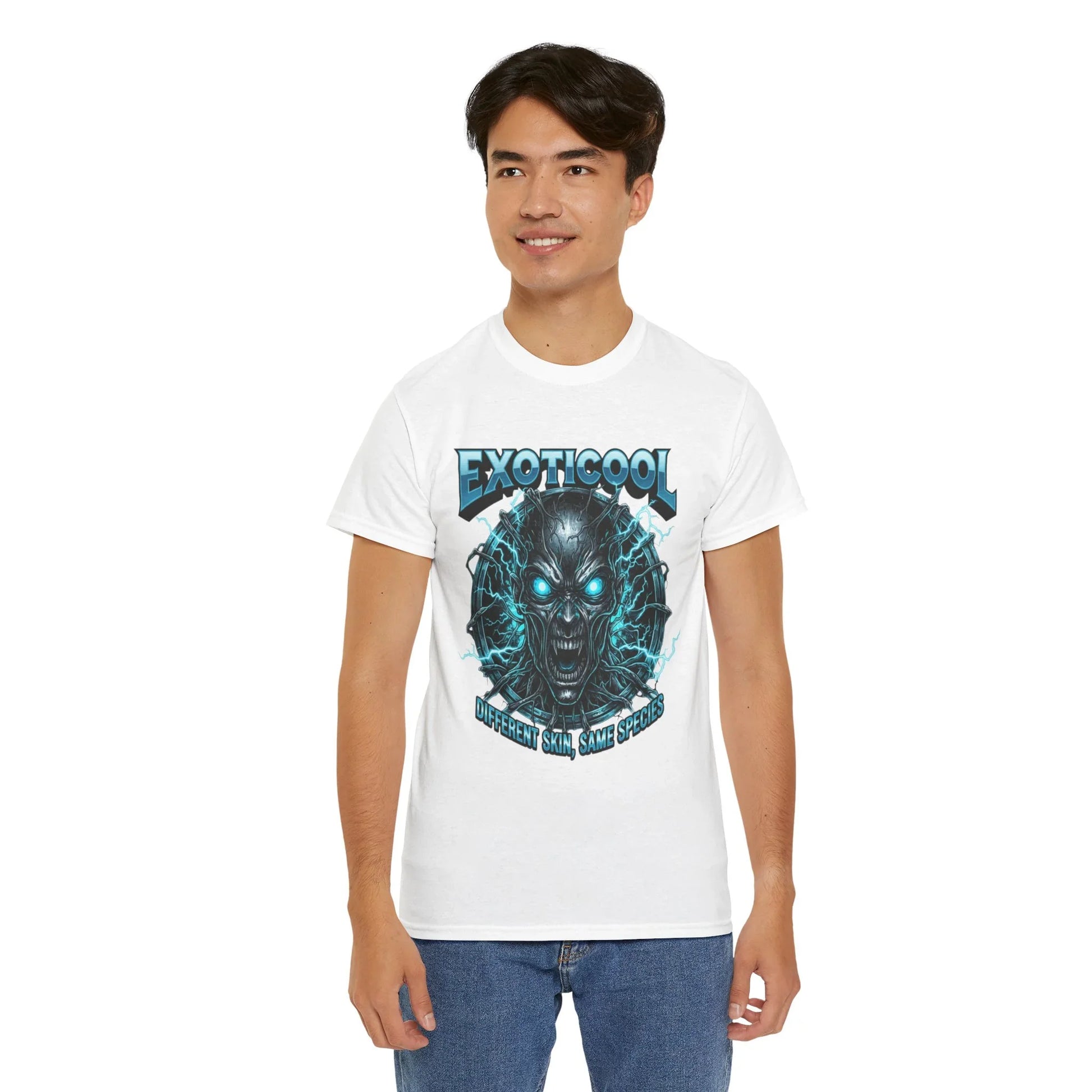 Man wearing white EXOTICOOL graphic t-shirt with blue electric skull design