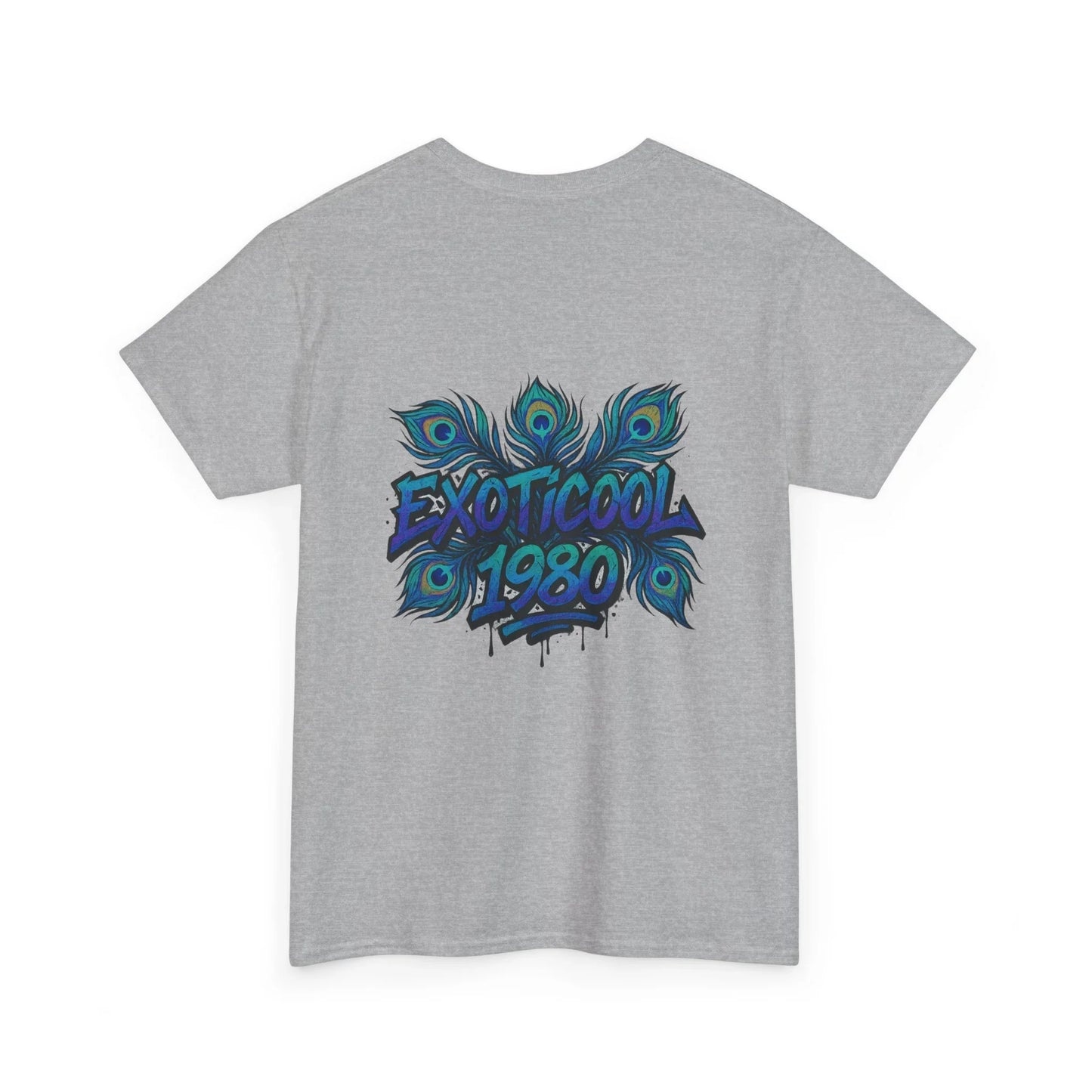 Gray t-shirt with EXOTICOOL 1980 graffiti and peacock feather graphic on the back