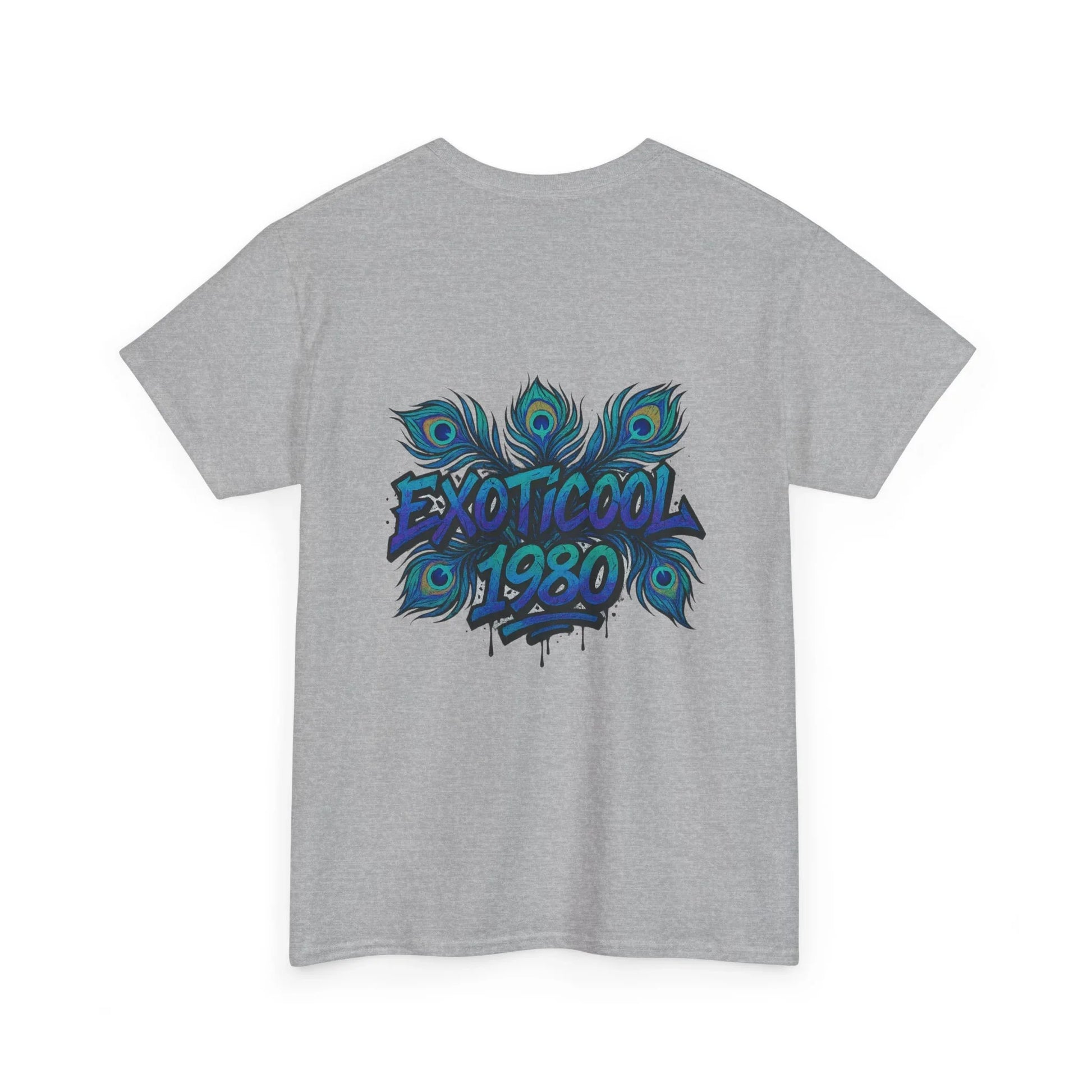 Gray t-shirt with EXOTICOOL 1980 graffiti and peacock feather graphic on the back