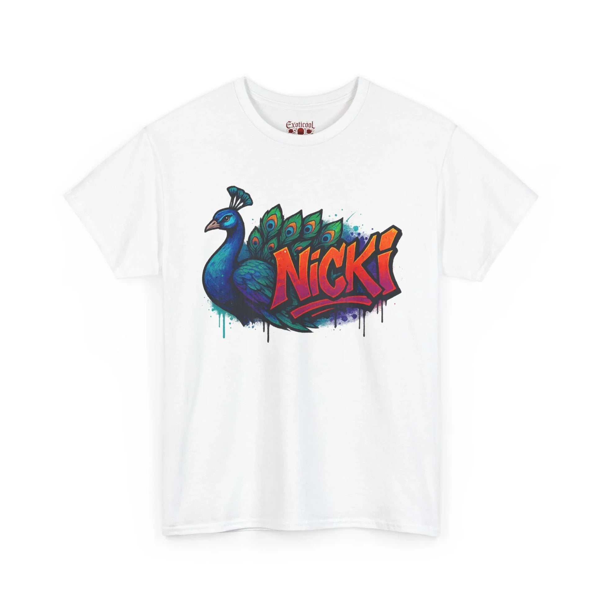 White t-shirt with colorful peacock graffiti art and Nicki text graphic