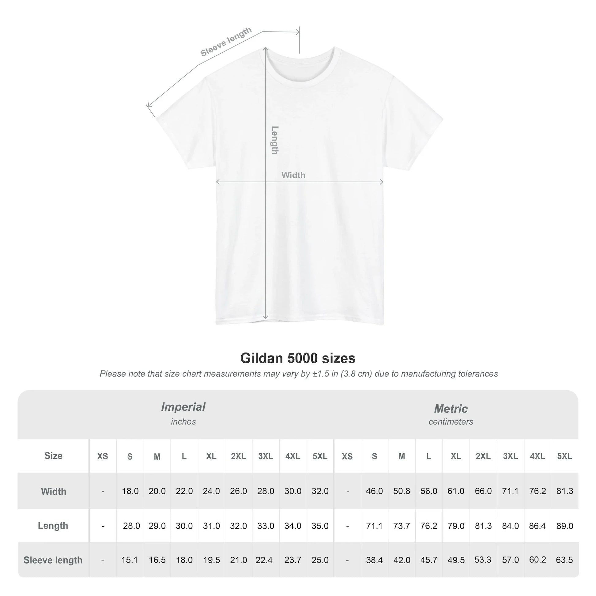 Gildan 5000 size chart with white t-shirt measurement guide and sizing table in inches and centimeters