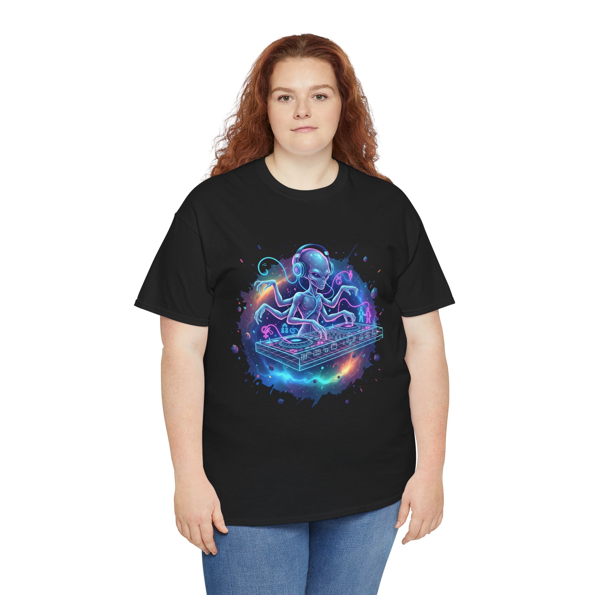 DJ ExoticCool Alien DJ T-Shirt — Neon Space Turntable Tee Black