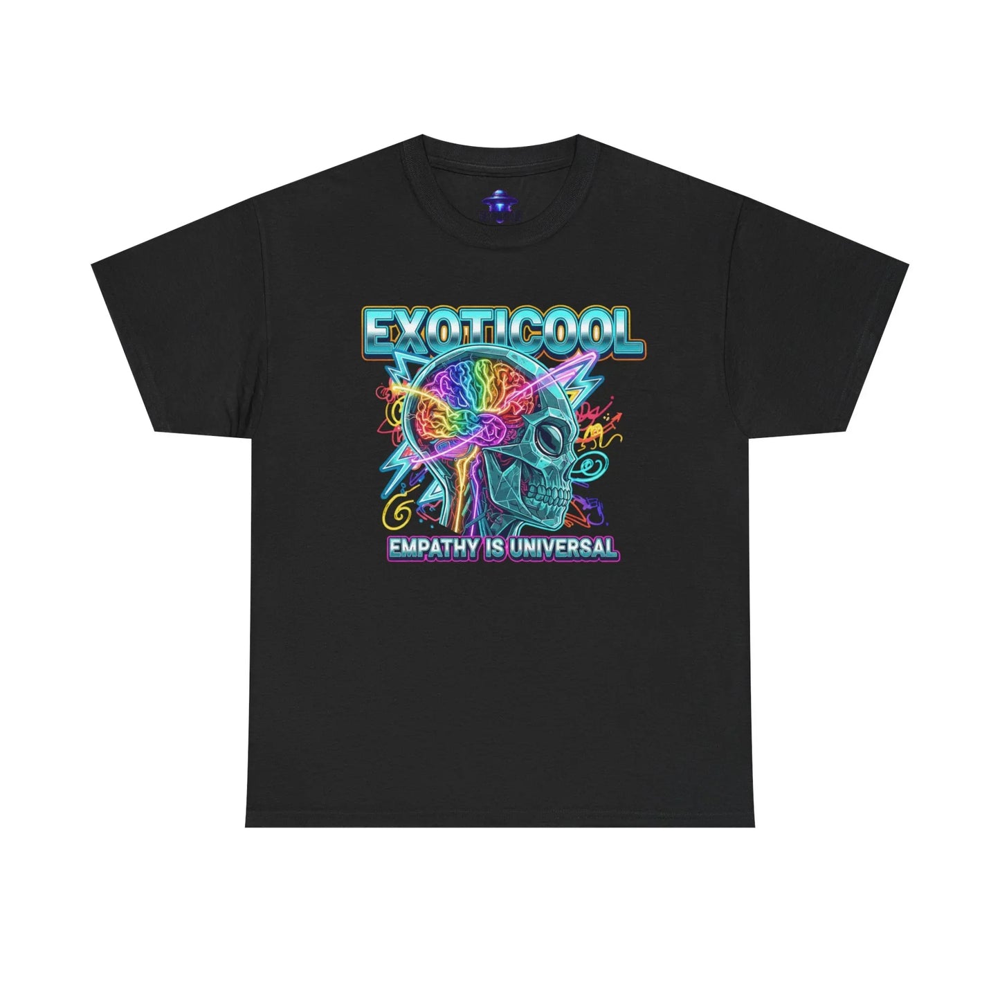 Black t-shirt with neon skull graphic and 'EXOTICOOL Empathy Is Universal' text