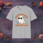 Who Needs Halloween? I Already Got a Boo ghost graphic tee in sport gray, front view on dark wood background