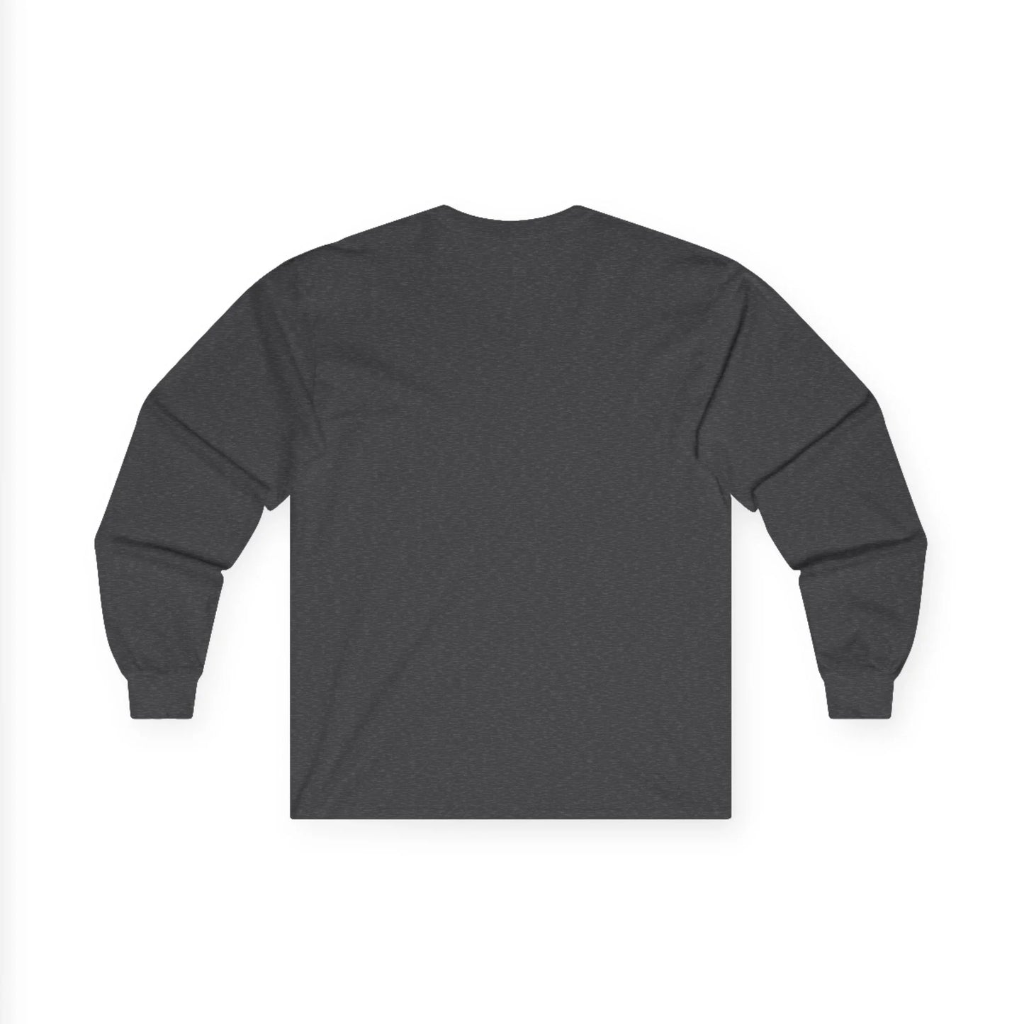 Back view of plain dark gray long sleeve cotton shirt on white background