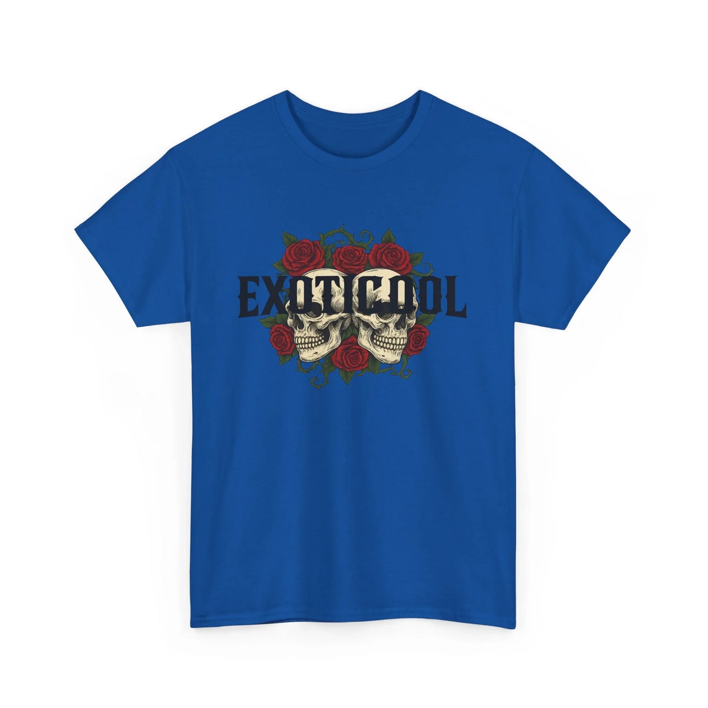 Blue t-shirt with skull and red rose graphic, gothic text Exoticool on front