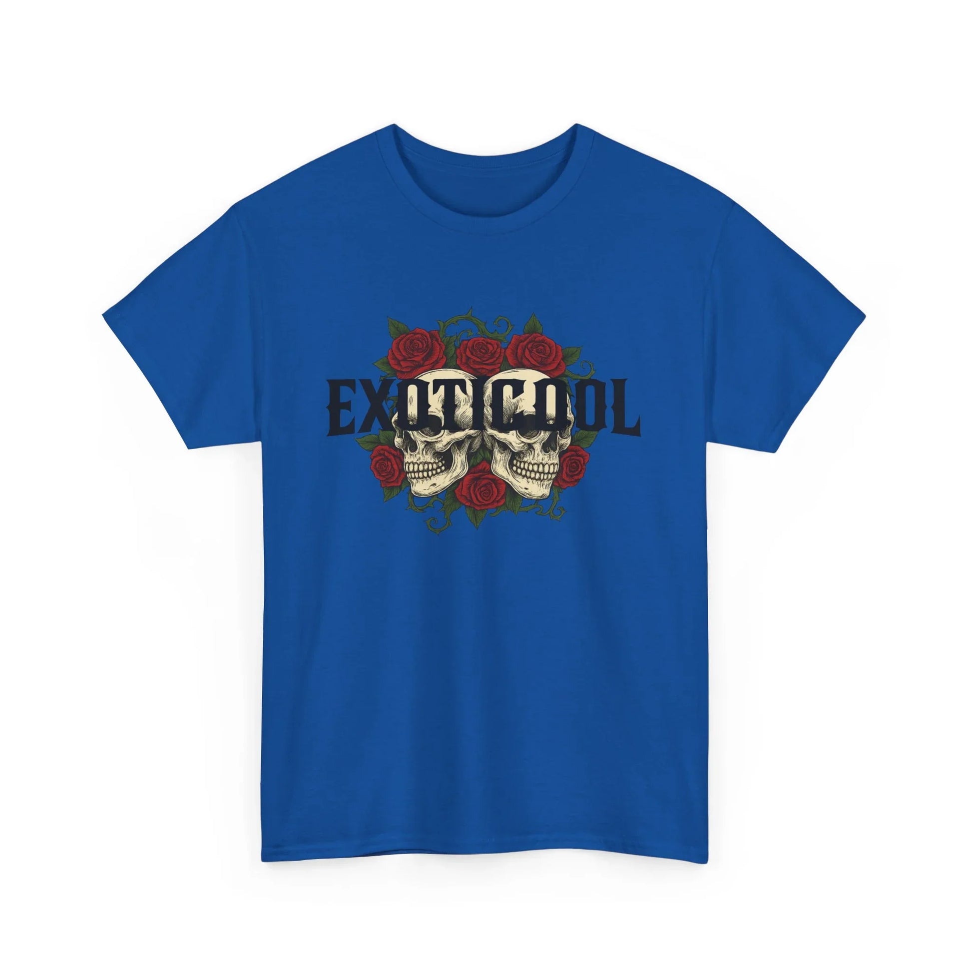 Blue t-shirt with skull and red rose graphic, gothic text Exoticool on front