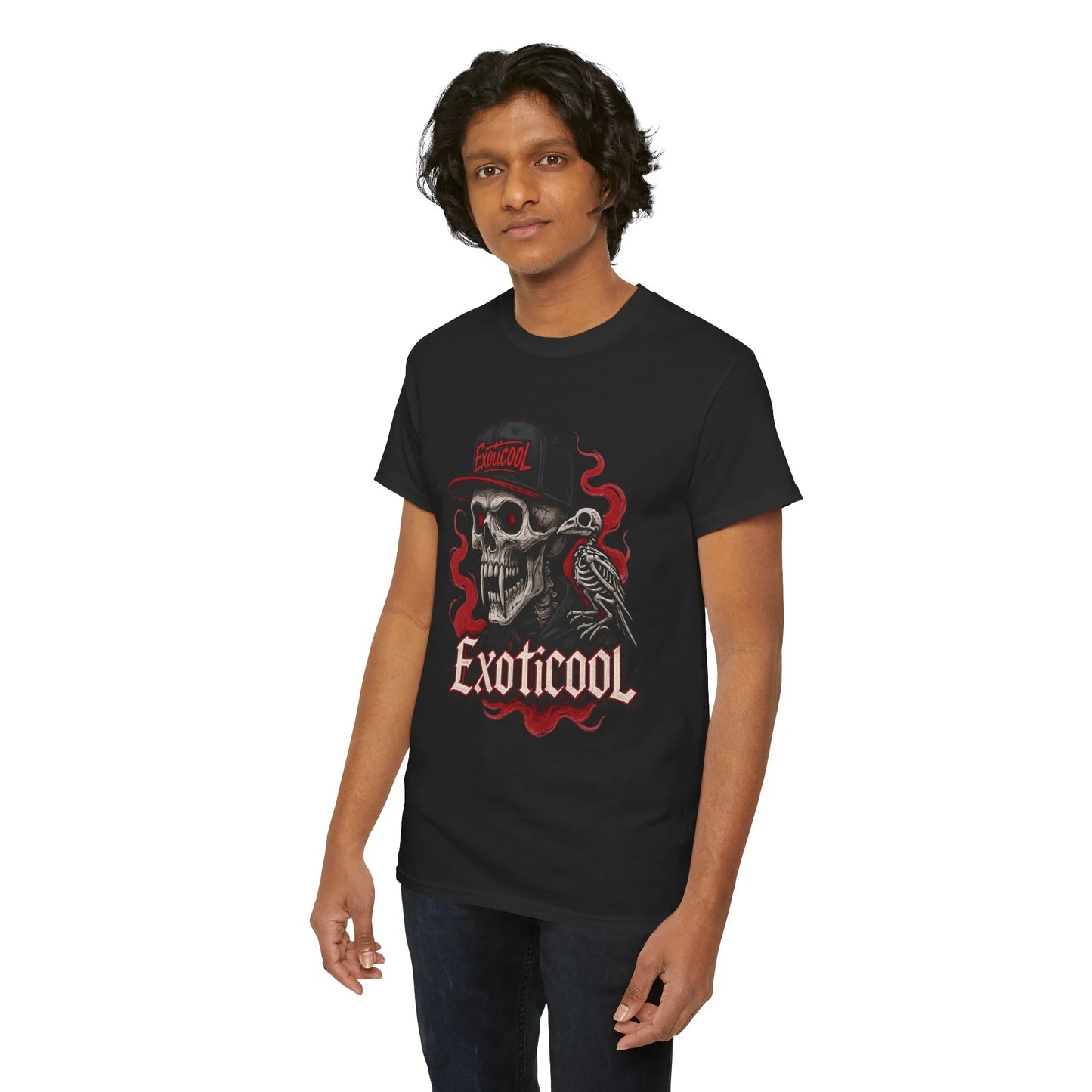 Man wearing black Exoticool t-shirt with skull and red flame graphic design