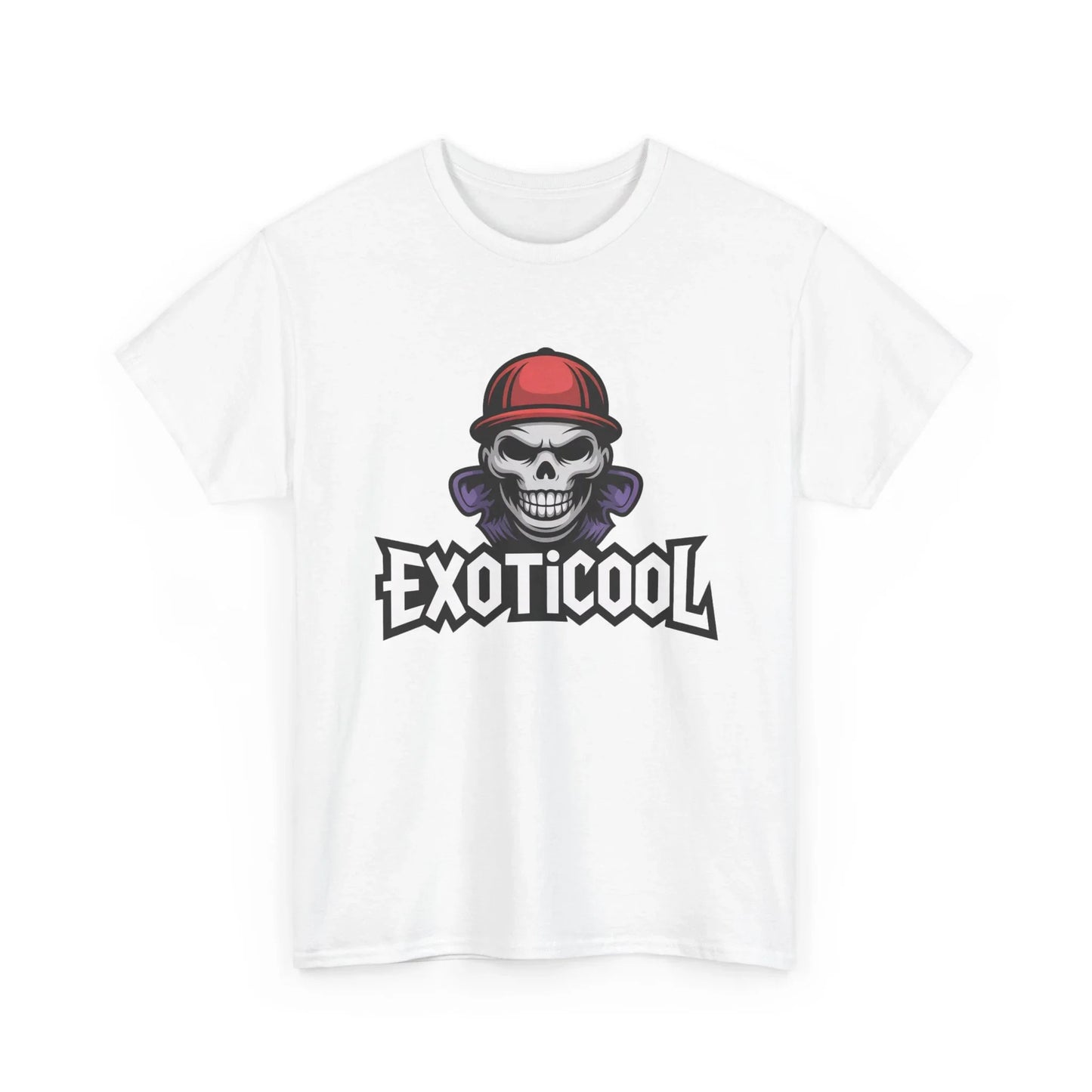 White Exoticool t-shirt with skull in red cap graphic and bold logo print