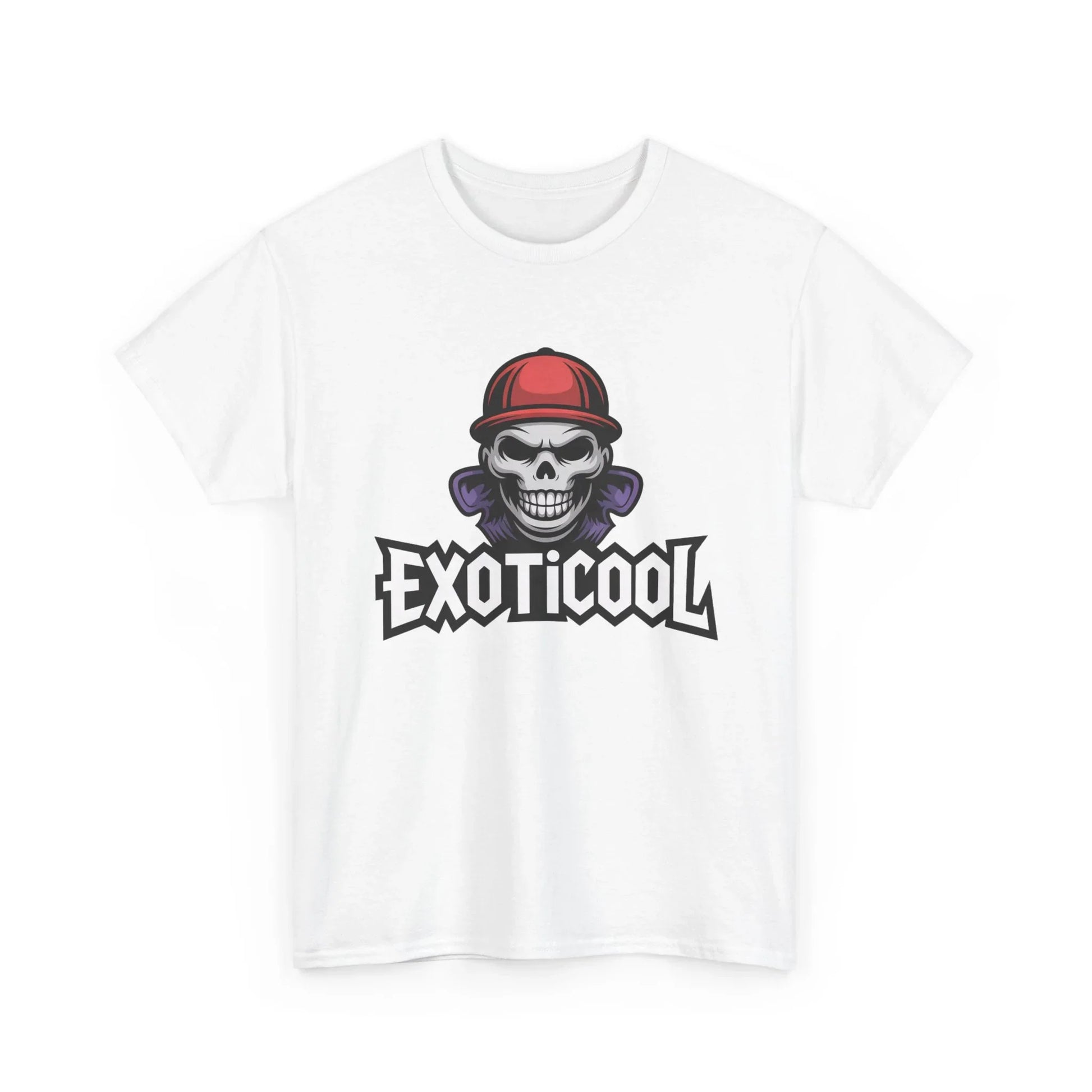 White Exoticool t-shirt with skull in red cap graphic and bold logo print