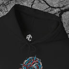 Close-up of the You Cannot License a Soul hoodie collar, Exoticool inner label and detailed biomechanical chest print