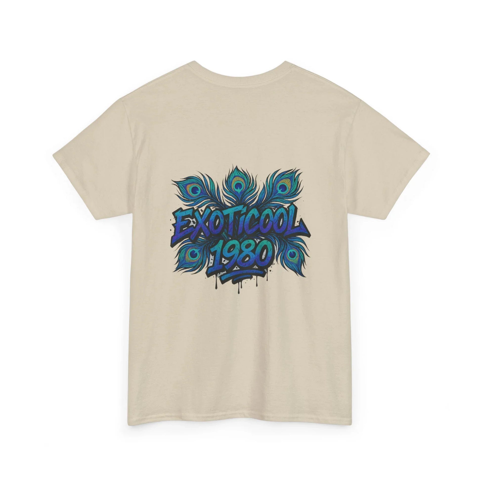 Beige t-shirt with peacock feather graphic and EXOTICOOL 1980 text on back