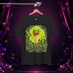 Black Deseraè Stephens Janaè Neon Majesty Portrait Tee hanging on a hanger against a purple and pink stage backdrop