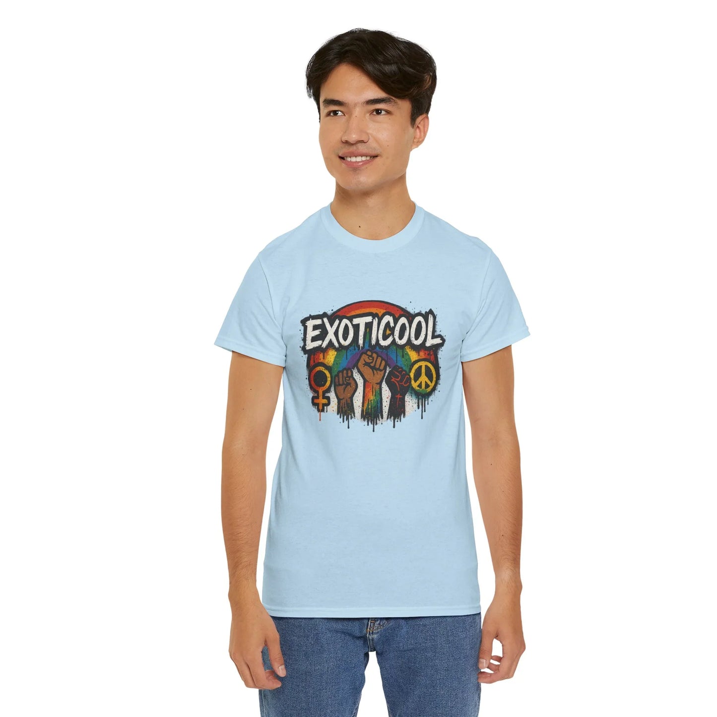 Man wearing light blue EXOTICOOL graphic t-shirt with fists, peace, and equality symbols