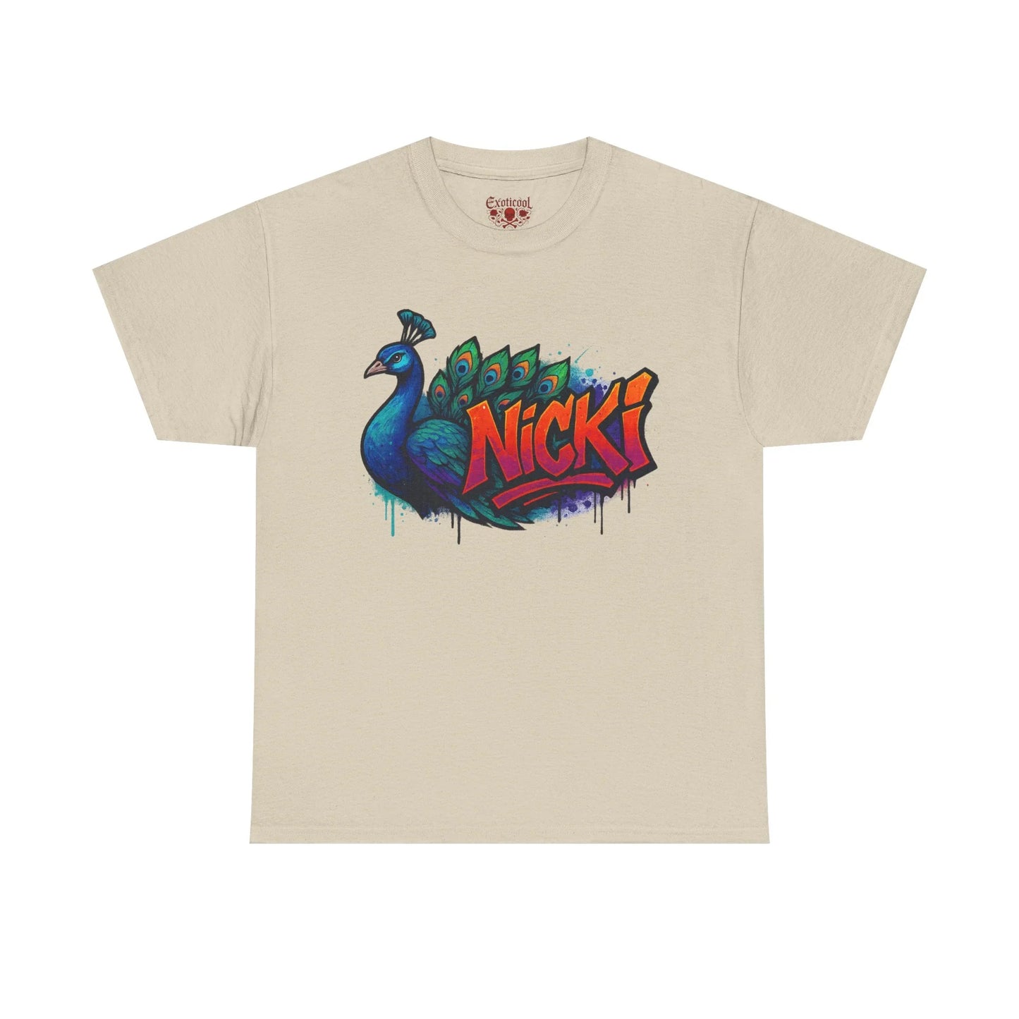 Beige t-shirt with colorful peacock graphic and bold Nicki graffiti text