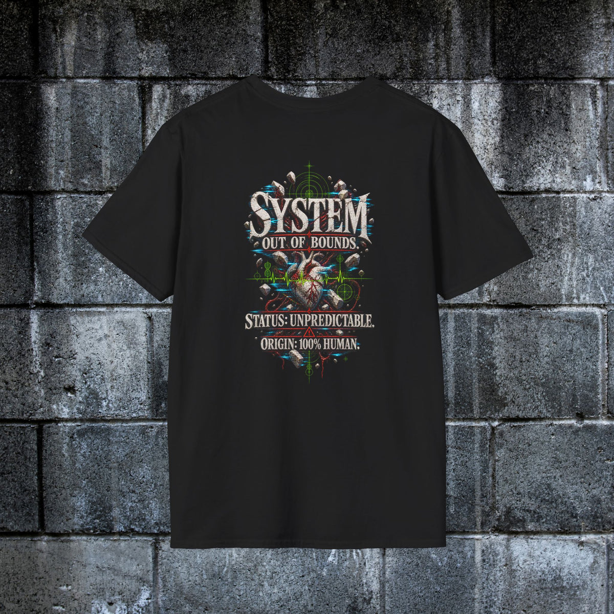 Back of black graphic tee featuring System Out of Bounds and Origin 100% Human artwork