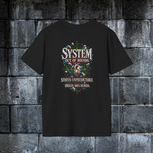 Back of black graphic tee featuring System Out of Bounds and Origin 100% Human artwork