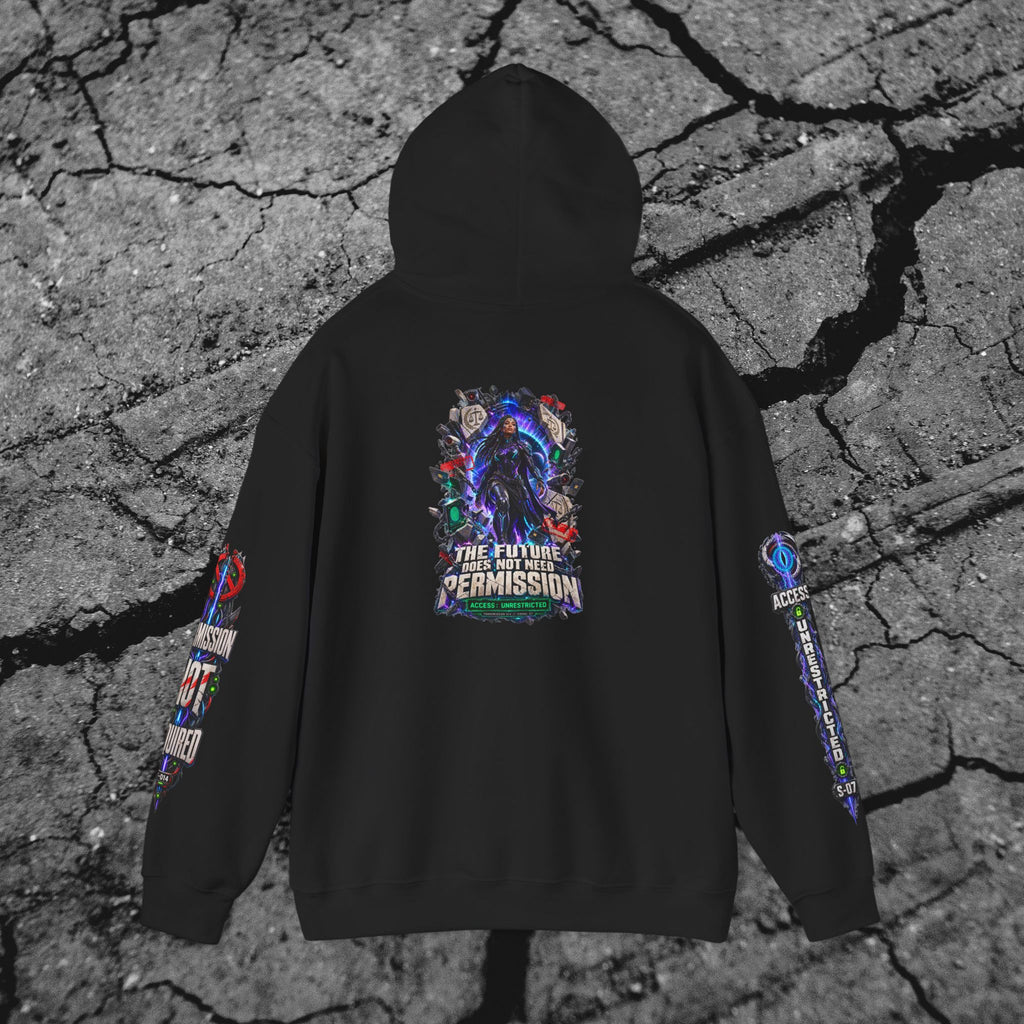 Back view of The Future Does Not Need Permission cyberpunk hoodie featuring its large futuristic statement graphic