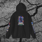 Back view of The Future Does Not Need Permission cyberpunk hoodie featuring its large futuristic statement graphic