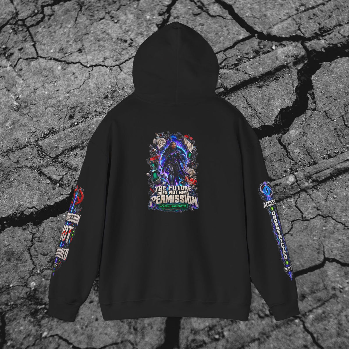 Back view of The Future Does Not Need Permission cyberpunk hoodie featuring its large futuristic statement graphic
