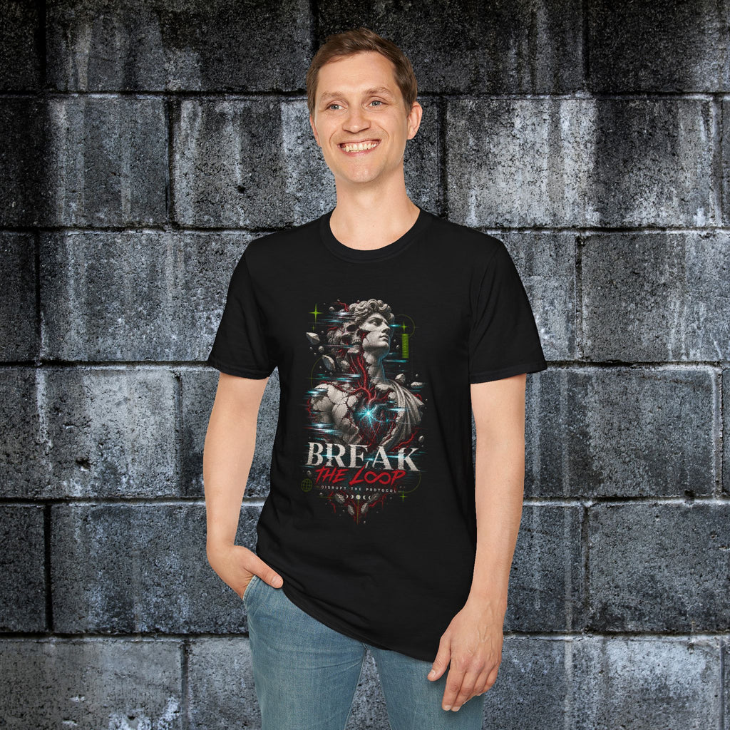 Model wearing the black Break the Loop cyberpunk graphic tee from the front