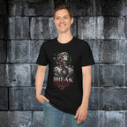 Model wearing the black Break the Loop cyberpunk graphic tee from the front