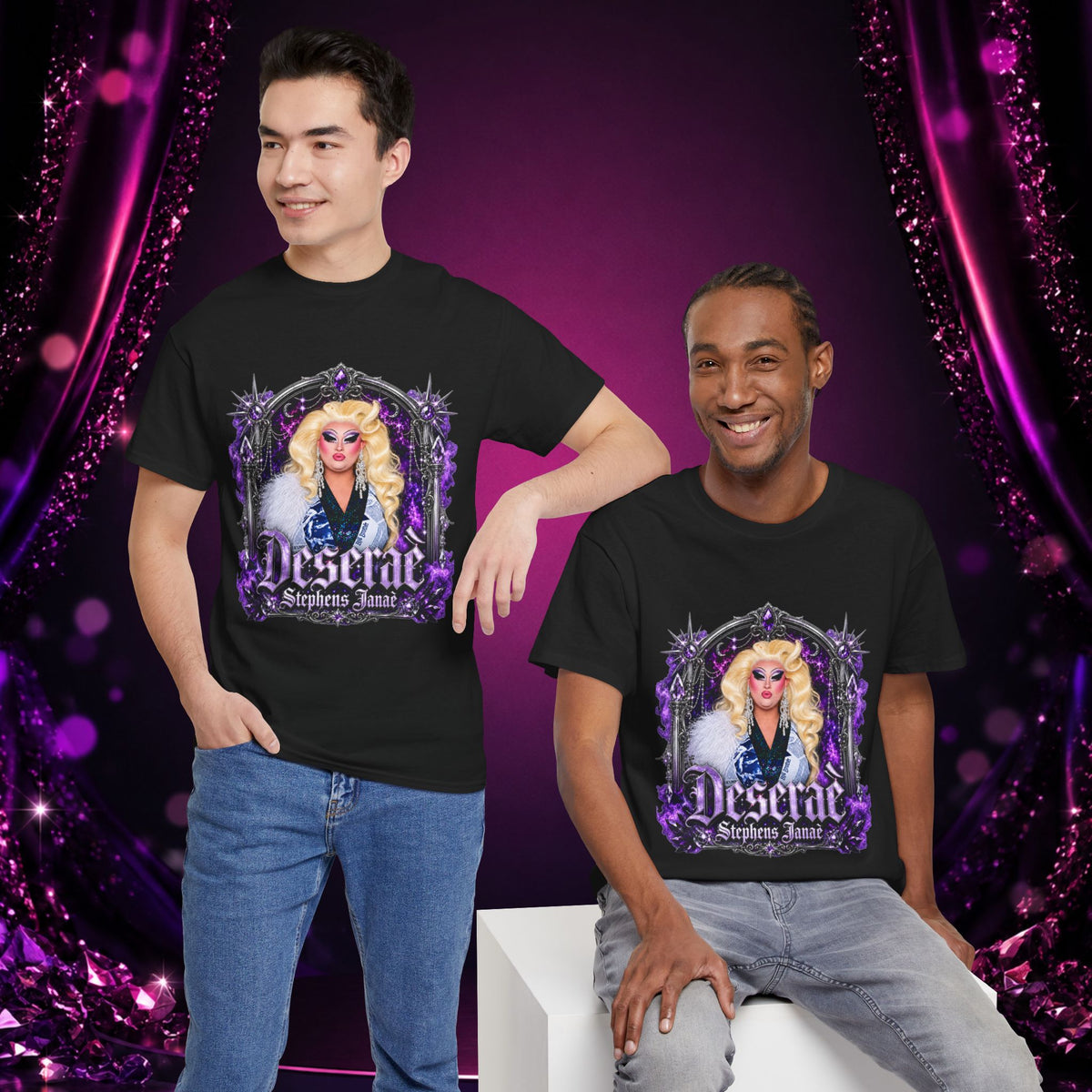 Two models wearing the black Deseraè Stephens Janaè Purple Reign Glamour Portrait Tee against a purple theatrical backdrop