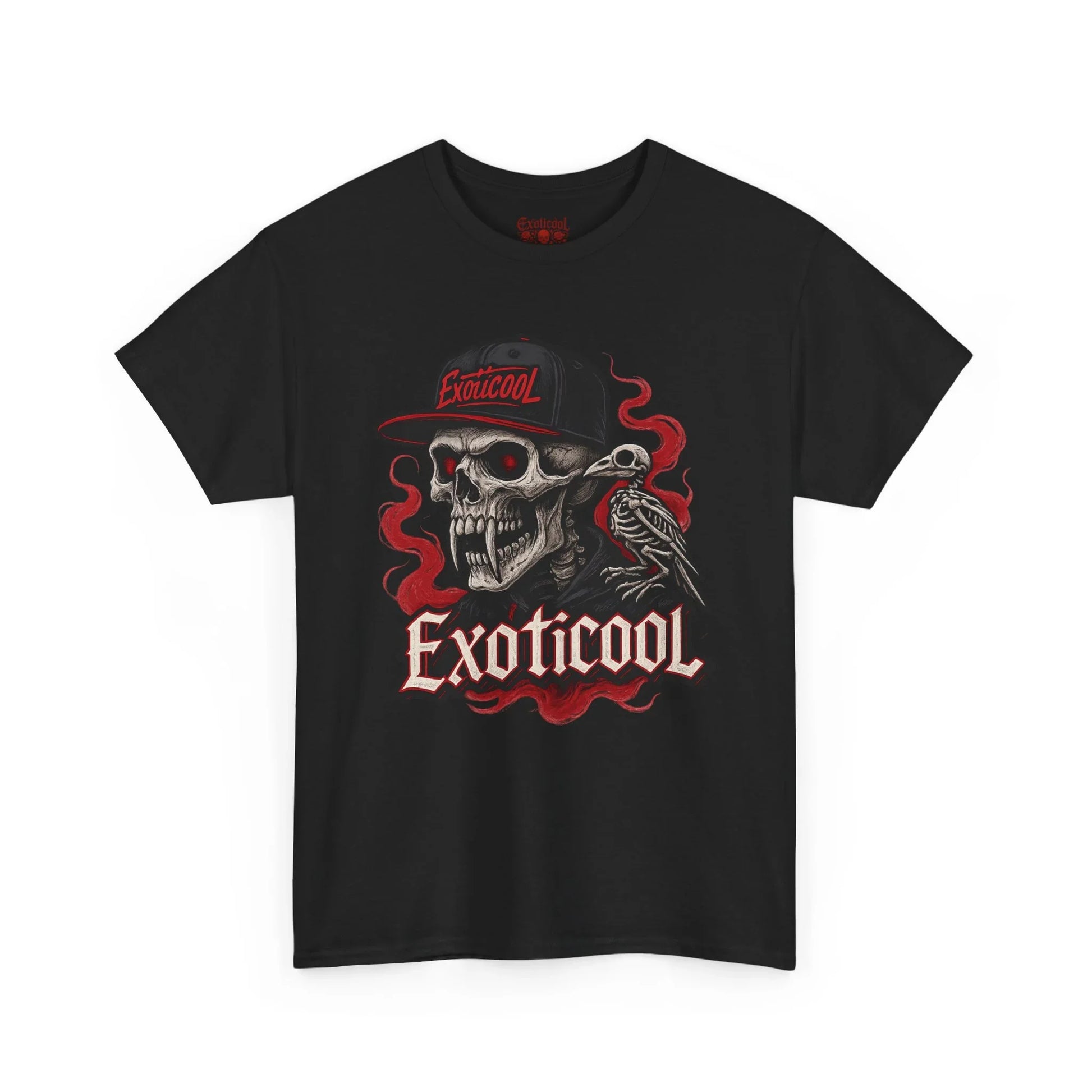 Black Exoticool t-shirt with skull in cap, red flames, bird skeleton graphic design