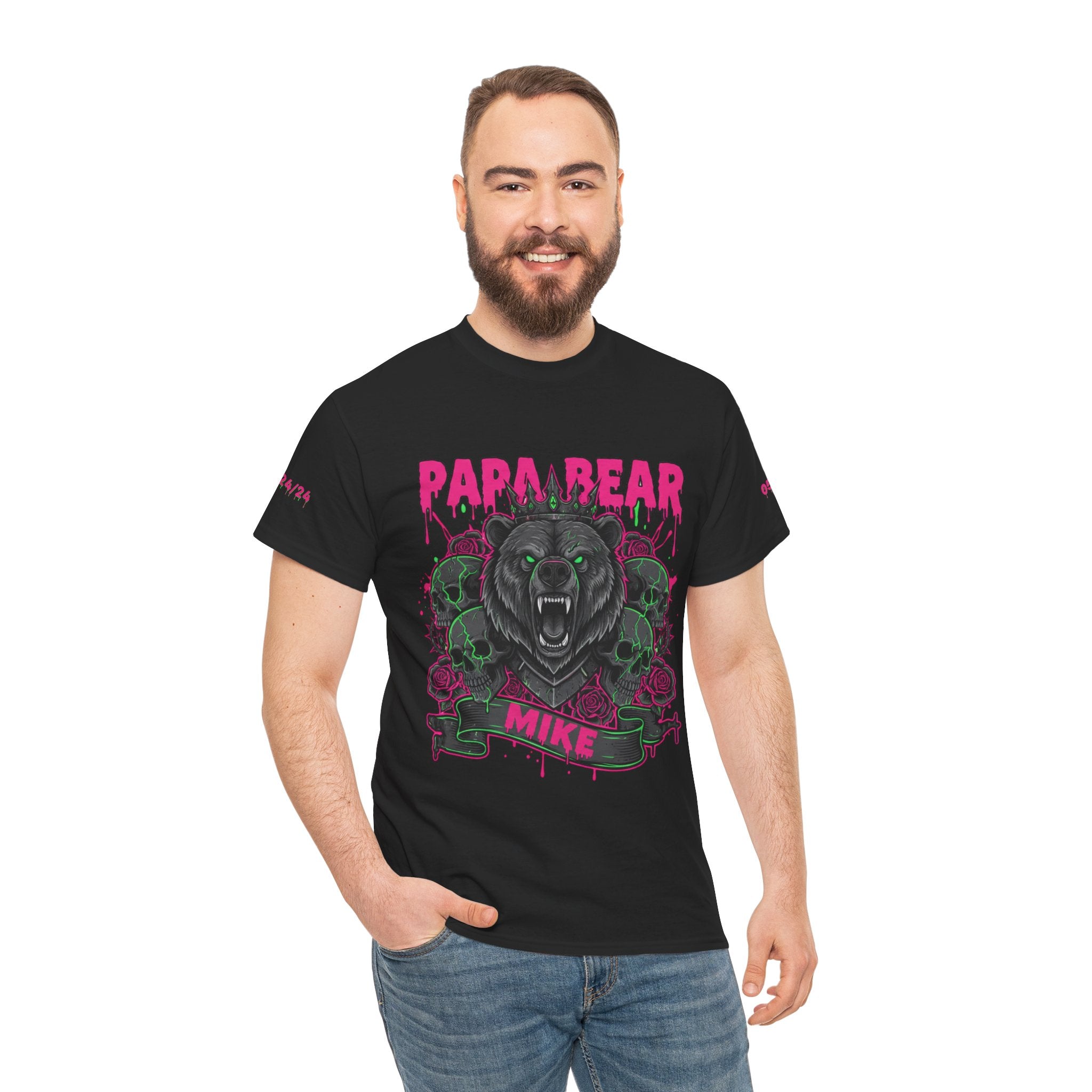 Papa Bear Personalized Tee — Dark Retro Bear "Mike" Graphic Black