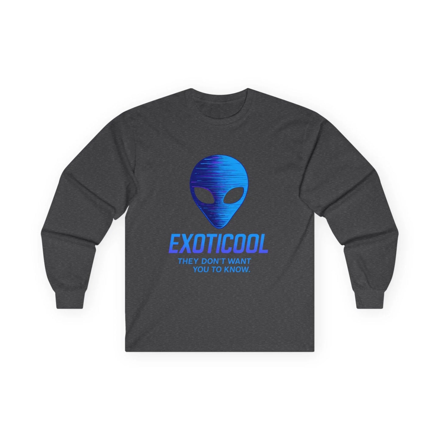 Dark gray long sleeve shirt with blue alien face and EXOTICOOL slogan graphic print