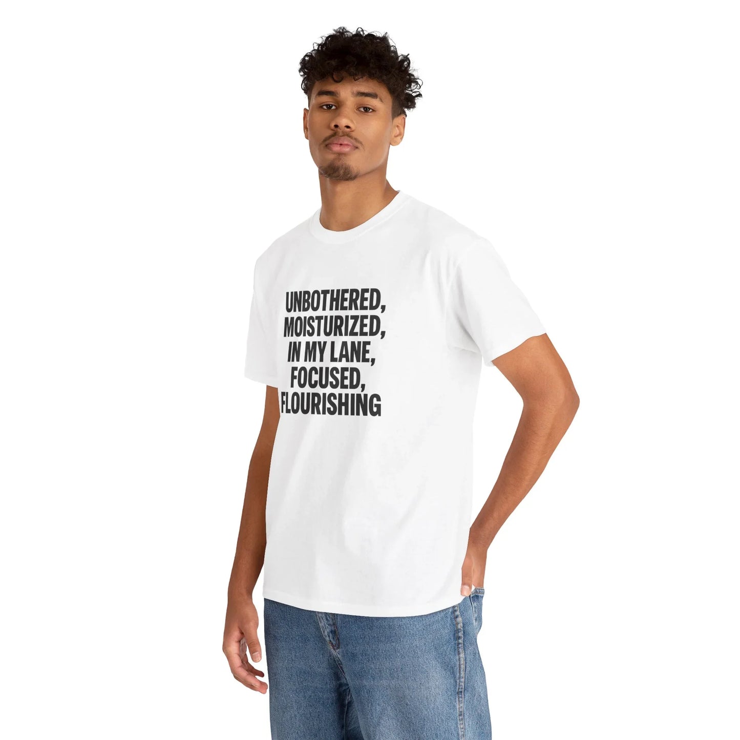 Man wearing white graphic t-shirt with motivational quote, casual fashion, isolated background