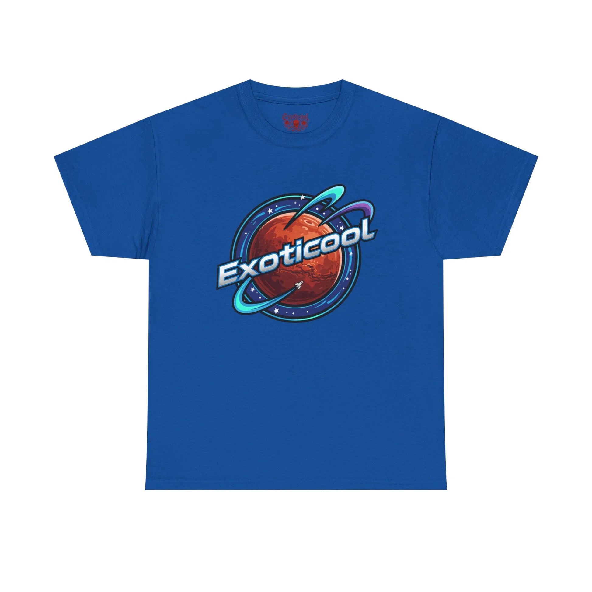 Blue t-shirt with planet graphic and Exoticoool text, space theme unisex apparel