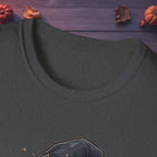 Close-up of neckline and front print on the Resting Witch Face tee in gray.