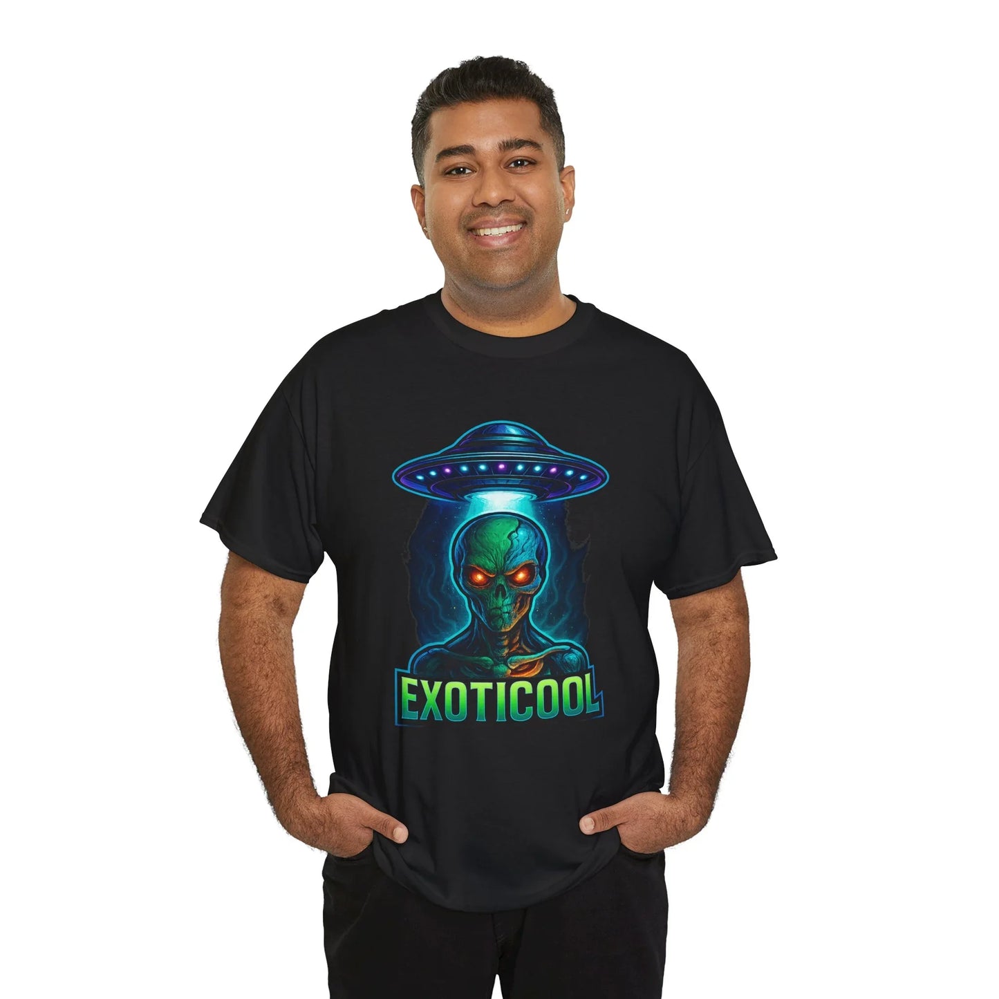 Man wearing black EXOTICOOL t-shirt with glowing alien and UFO graphic