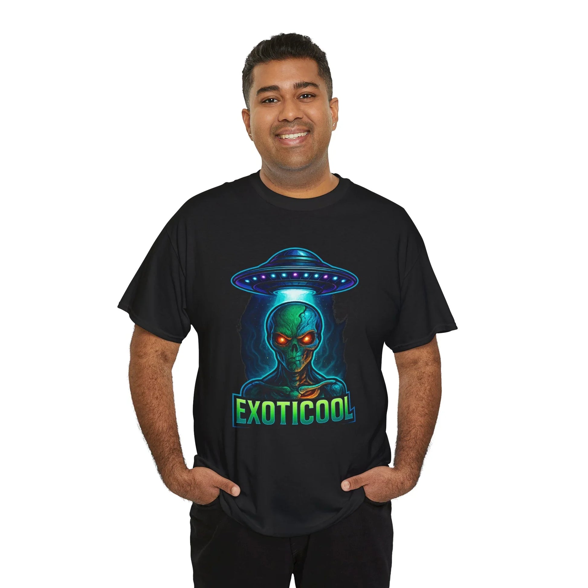 Man wearing black EXOTICOOL t-shirt with glowing alien and UFO graphic