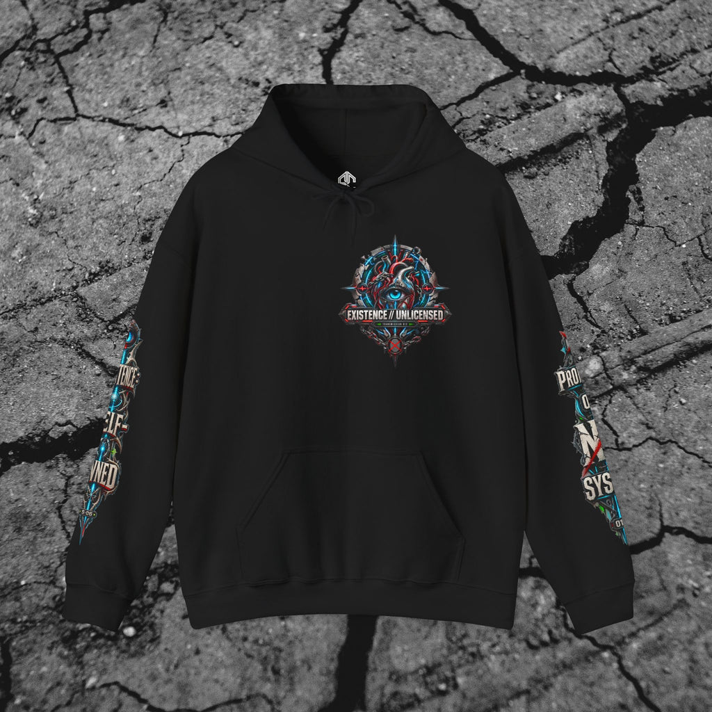 You Cannot License a Soul black cyberpunk graphic hoodie displayed flat with biomechanical chest artwork and coordinated sleeve prints