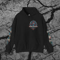 You Cannot License a Soul black cyberpunk graphic hoodie displayed flat with biomechanical chest artwork and coordinated sleeve prints
