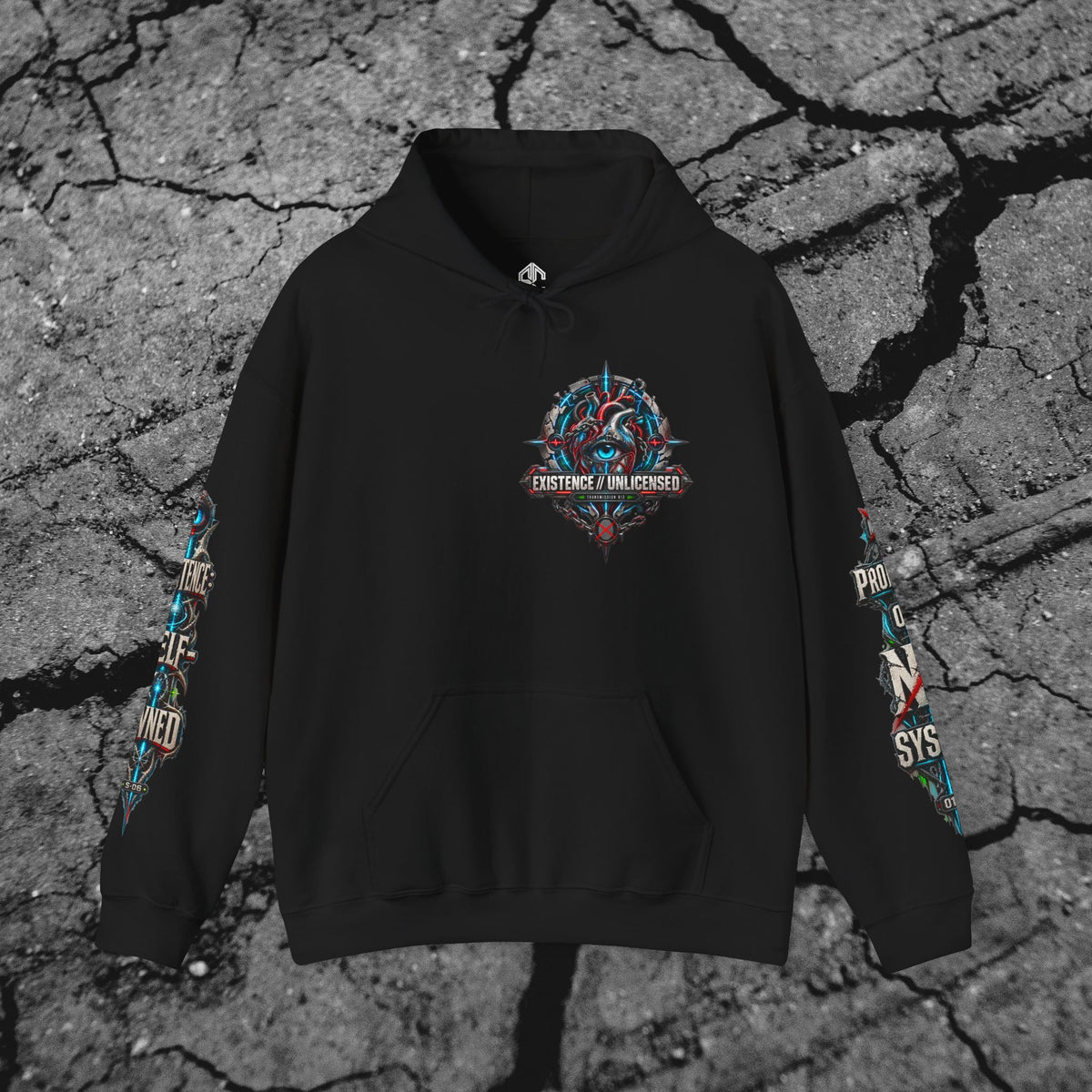 You Cannot License a Soul black cyberpunk graphic hoodie displayed flat with biomechanical chest artwork and coordinated sleeve prints
