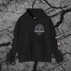 You Cannot License a Soul black cyberpunk graphic hoodie displayed flat with biomechanical chest artwork and coordinated sleeve prints
