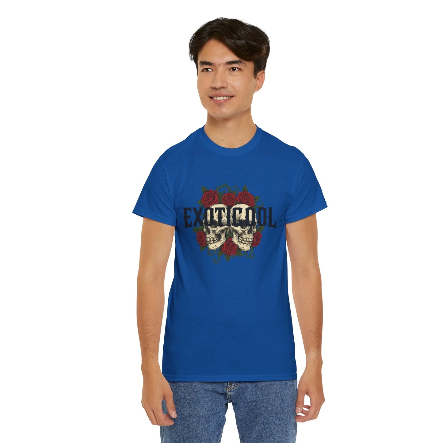 Man in blue EXOTICOOL graphic t-shirt with skull and red roses print, casual fashion