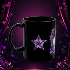 Side view of the black Deseraè Stephens Janaè Purple Reign Glamour Mug with purple crystal star artwork and glossy handle